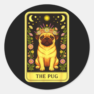 Pegatina Redonda Carta de Pug de Tarot Corona Floral Sol Luna Estre