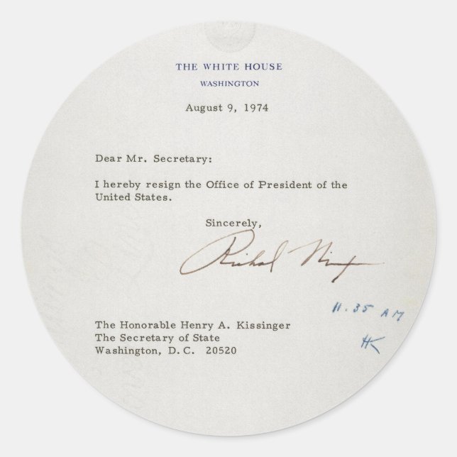 Pegatina Redonda Carta de renuncia de Richard M. Nixon 1974 (Anverso)