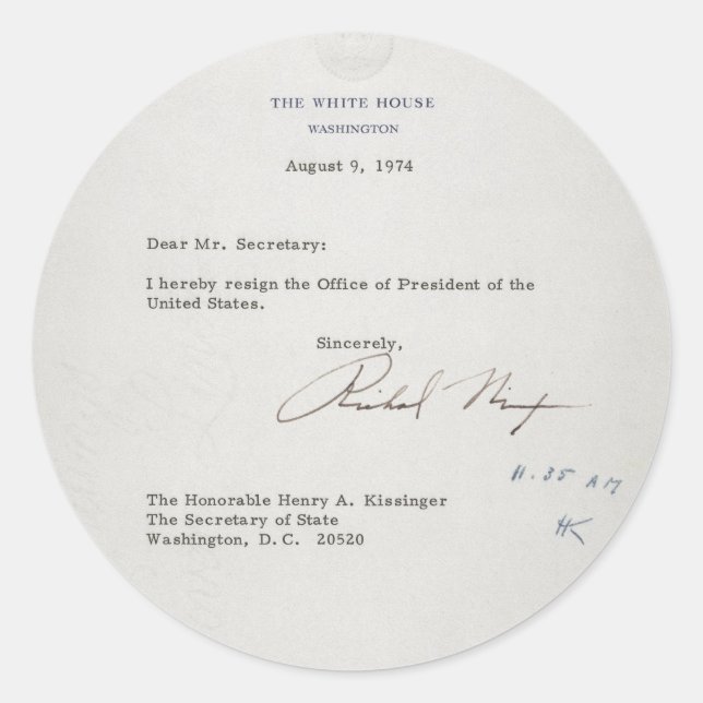 Pegatina Redonda Carta de renuncia del presidente Richard M. Nixon (Anverso)