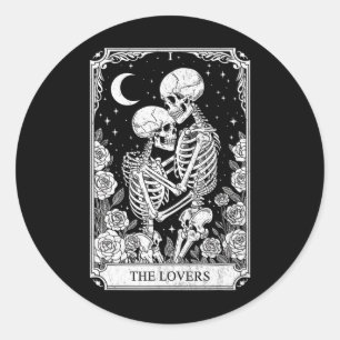 Pegatina Redonda Carta de Tarot Los Amantes Esqueleto Góthico Hallo