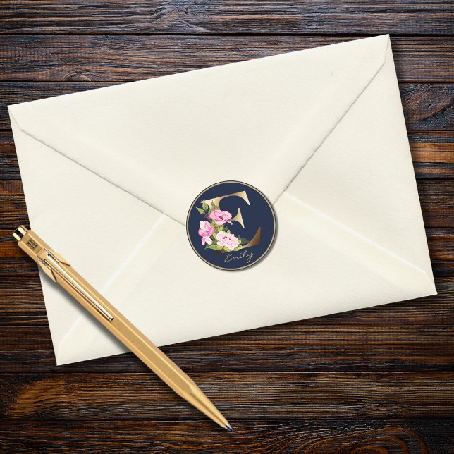 Pegatina Redonda Carta dorada E Elegante Monograma floral de la mar (Subido por el creador)