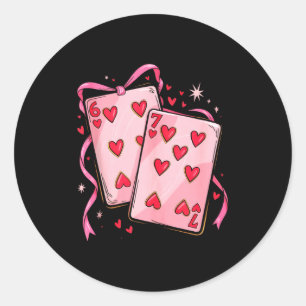 Pegatina Redonda Cartas de Juego 6 7 de Corazones 67 Seis Siete Laz