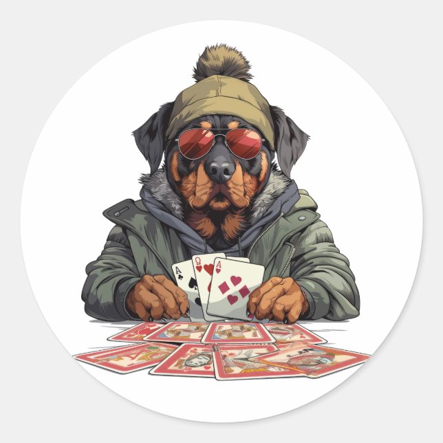 Pegatina Redonda Cartas de juego de perros Rottweiler (Anverso)