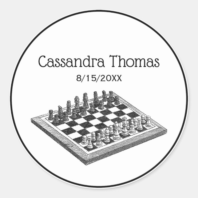 Pegatina Redonda Cartel de ajedrez y piezas de ajedrez arte vintage (Anverso)