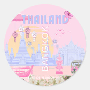 Pegatina Redonda Cartel de viaje de Bangkok Tailandia rosa pastel a