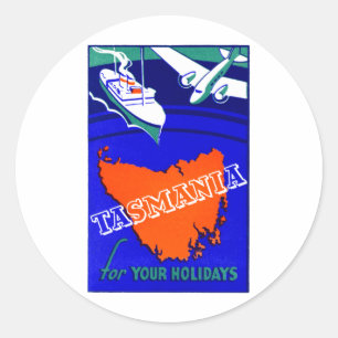 Pegatina Redonda Cartel de viaje de Tasmania de 1930