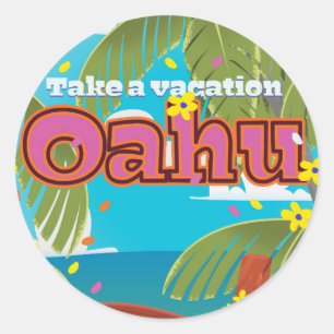 Pegatina Redonda Cartel de viaje de vacaciones en Oahu