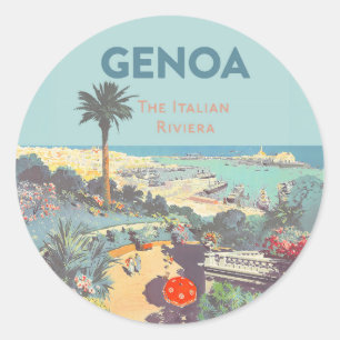 Pegatina Redonda Cartel de viaje vintage de Génova Riviera italiana
