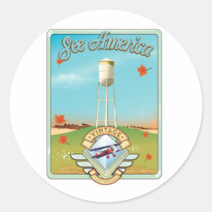 Pegatina Redonda Cartel de vuelo al estilo vintage de los 50 Ver Am