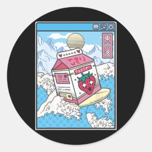 Pegatina Redonda Cartón de Leche de Fresa Surfing Ola Japón Kawaii 