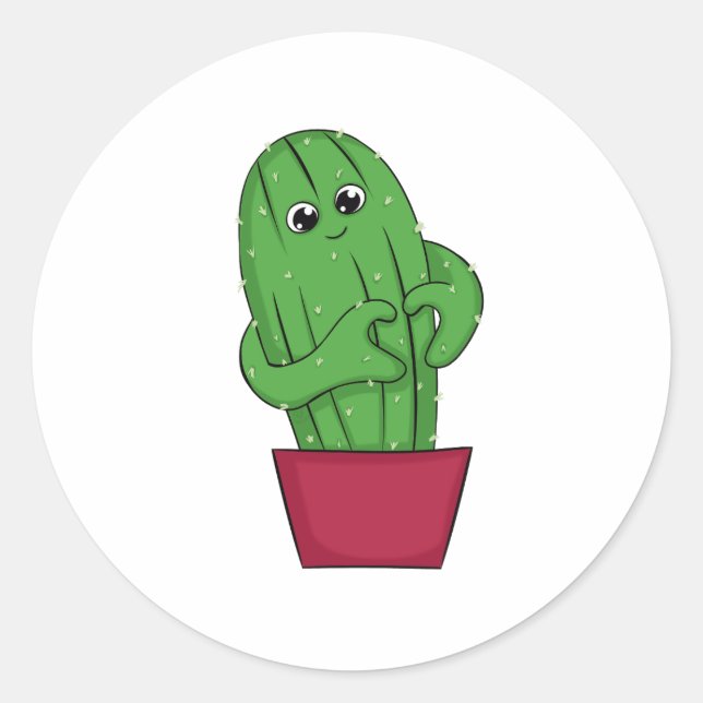 Pegatina Redonda Cartoon Cactus making Heart Sign with Hands (Anverso)