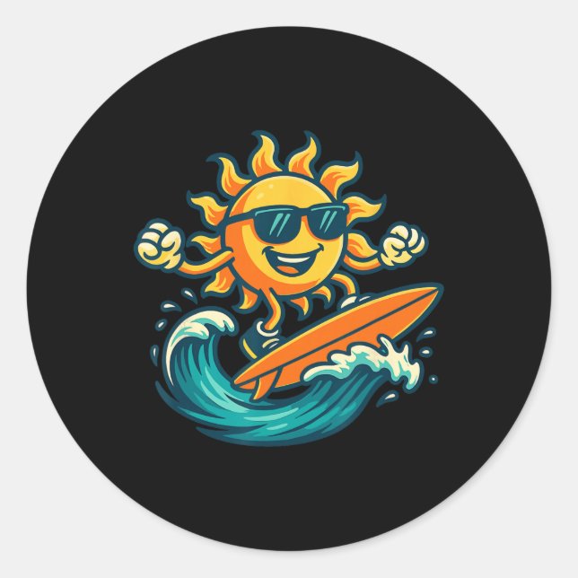 Pegatina Redonda Cartoon Sun Surfing Summer Beach Wave Art  (Anverso)