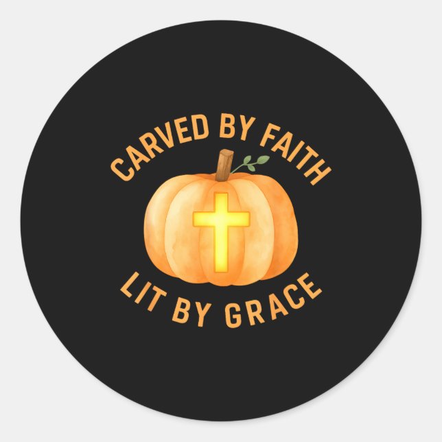 Pegatina Redonda Carved By Faith Lit By Grace Pumpkin Cross Christi (Anverso)