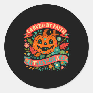 Pegatina Redonda Carved By Faith Lit Grace Cute Fall Pumpkin 