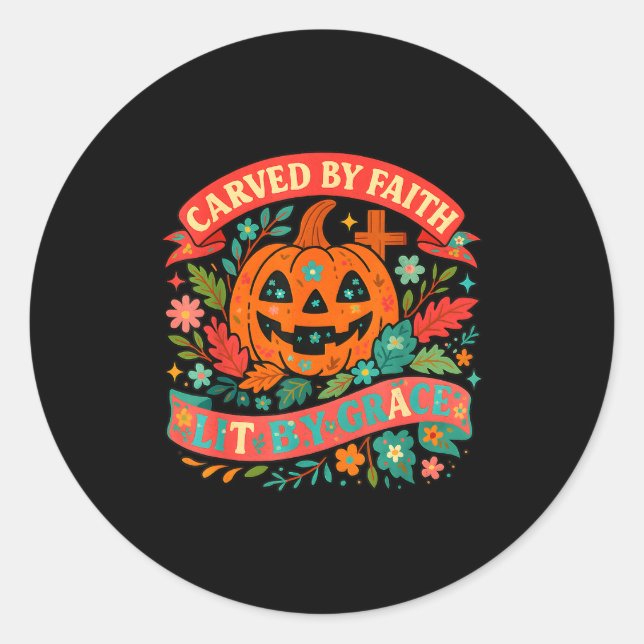 Pegatina Redonda Carved By Faith Lit Grace Cute Fall Pumpkin  (Anverso)