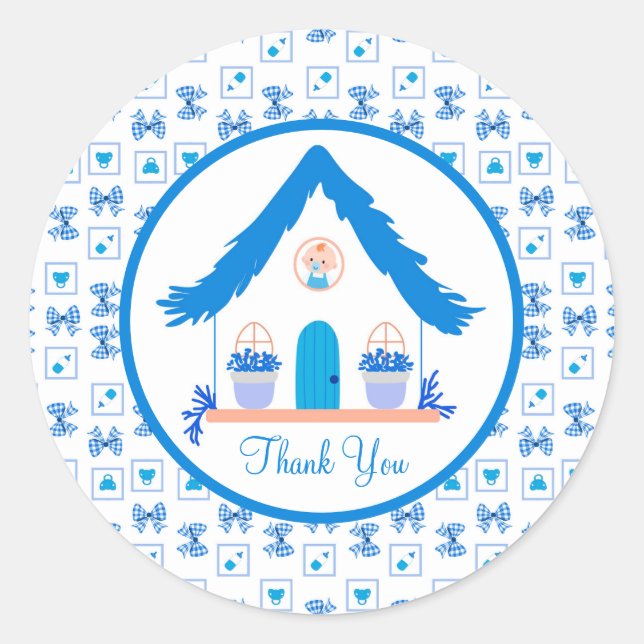 Pegatina Redonda Casa Azul personalizada Gracias Baby Shower (Anverso)
