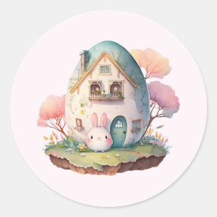 Pegatina Redonda Casa con forma de conejo y huevo rosa estilo Kawai