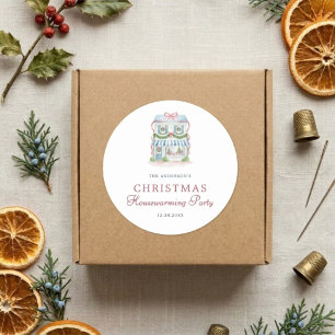 Pegatina Redonda Casa de Acuarela Elegante Feliz Navidad