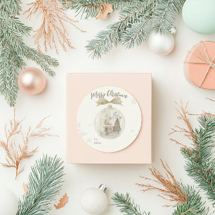 Pegatina Redonda Casa de acuarela en Navidades del Globe de nieve