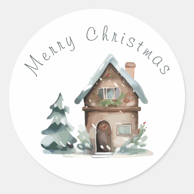 Pegatina Redonda  Casa de Acuarela Navidad  (Anverso)