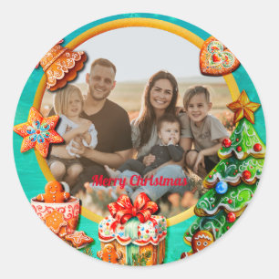 Pegatina Redonda Casa de Caramelo de Jengibre de Navidad y Año Nuev