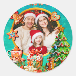 Pegatina Redonda Casa de Caramelo de Jengibre de Navidad y Año Nuev