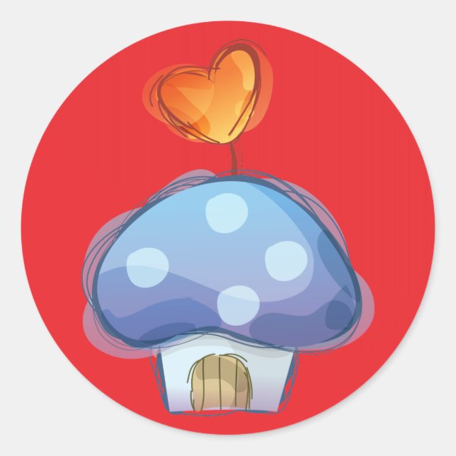 Pegatina Redonda Casa de hongos en rojo (Anverso)