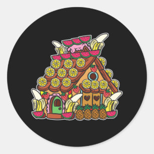 Pegatina Redonda Casa de Jengibre Decorada con Frutas Navidad