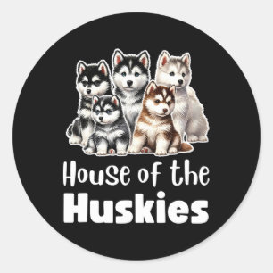 Pegatina Redonda Casa De Los Huskies Cute Watercoloreados Marititos