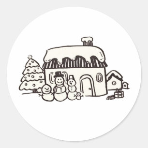 Pegatina Redonda Casa de navidades con muñeco de nieve
