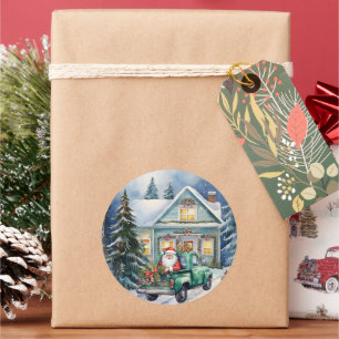 Pegatina Redonda Casa de Navidades de Vintage Green Truck Santa Cla