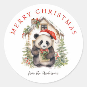 Pegatina Redonda Casa de Navidades Rústicos Cute Panda Bear