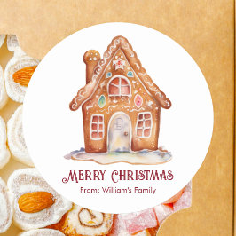 Pegatina Redonda Casa de pan de jengibre de Navidad con acuarela