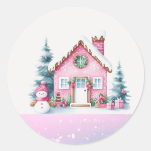 Pegatina Redonda Casa de pan de jengibre del pueblo invernal rosa
