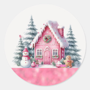 Pegatina Redonda Casa de pan de jengibre del pueblo navideño rosa