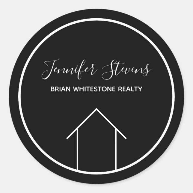 Pegatina Redonda Casa de Personalizados blancos modernos en negro (Anverso)