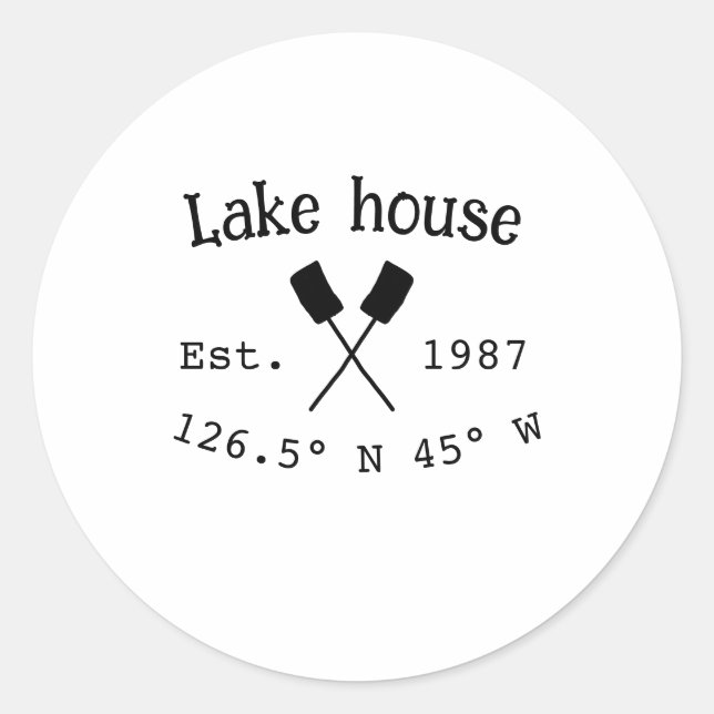 Pegatina Redonda Casa del lago. Fecha año personalizado coordenadas (Anverso)