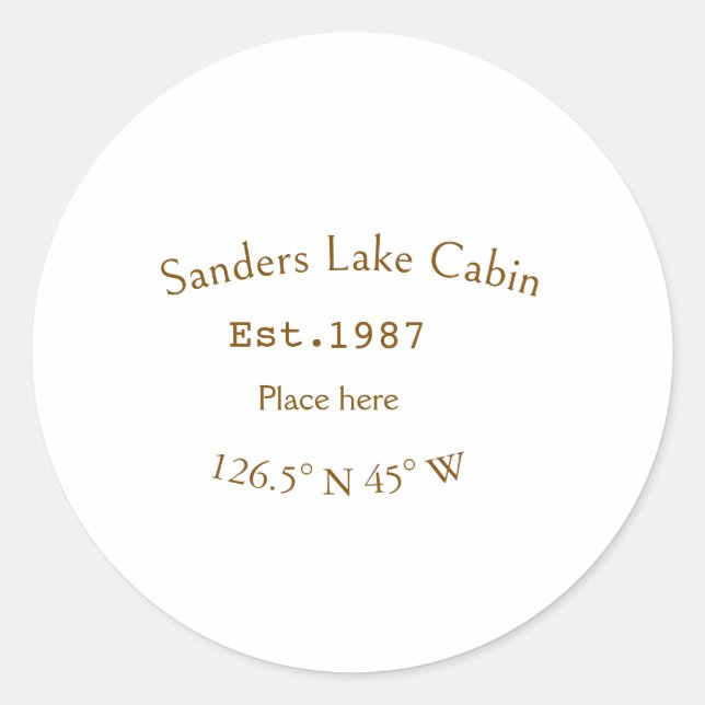 Pegatina Redonda Casa del lago. Fecha año personalizado coordenadas (Anverso)