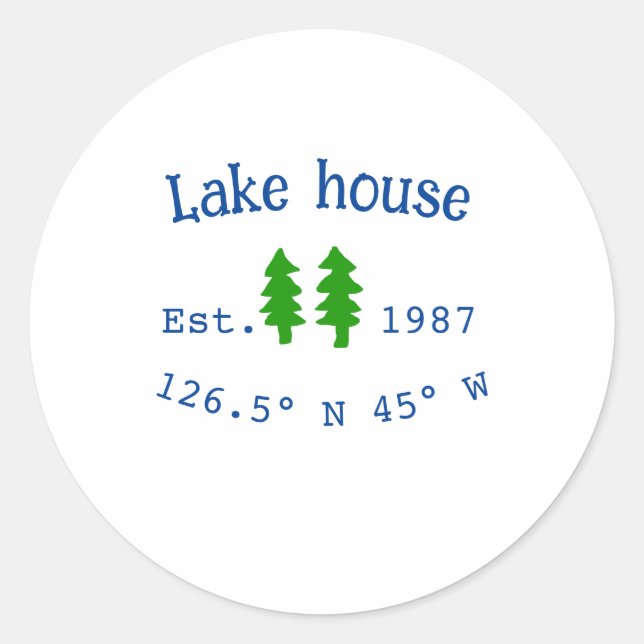 Pegatina Redonda Casa del lago. Fecha año personalizado coordenadas (Anverso)