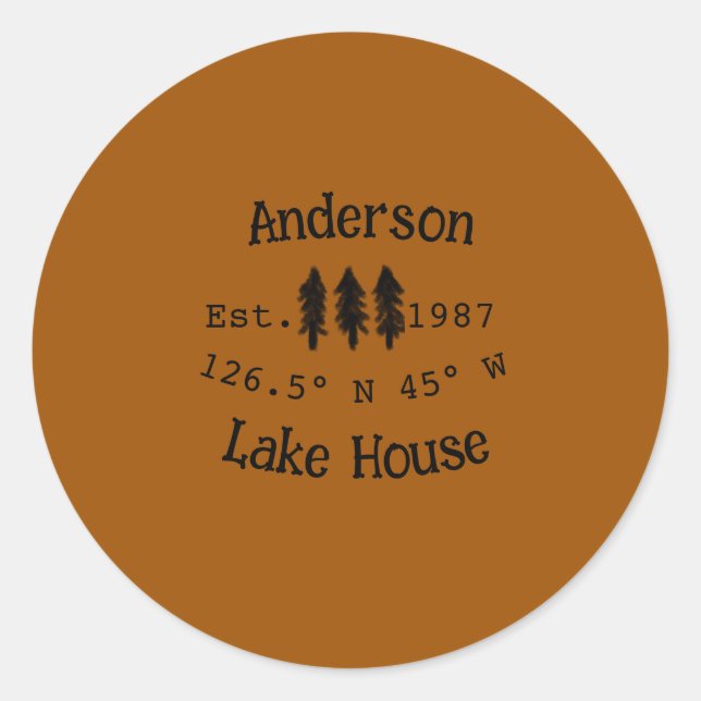 Pegatina Redonda Casa del lago. Fecha año personalizado coordenadas (Anverso)