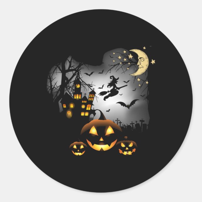 Pegatina Redonda Casa embrujada - Bruja voladora - Jack O Lantern (Anverso)