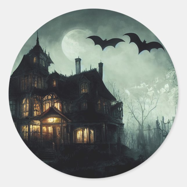 Pegatina Redonda Casa Embrujada de Halloween (Anverso)