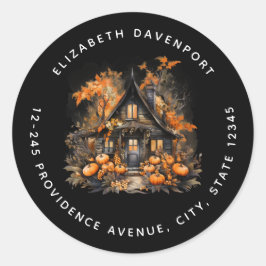 Pegatina Redonda Casa Embrujada de Halloween con Calabazas Direcció