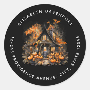 Pegatina Redonda Casa Embrujada de Halloween con Calabazas Direcció