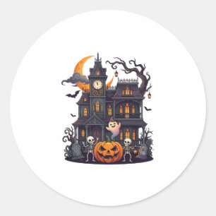 Pegatina Redonda Casa Embrujada de Halloween Esqueletos Calabaza Fa