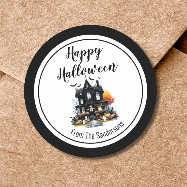 Pegatina Redonda Casa Embrujada Feliz Halloween (Haunted House Happy Halloween Classic Round Sticker)
