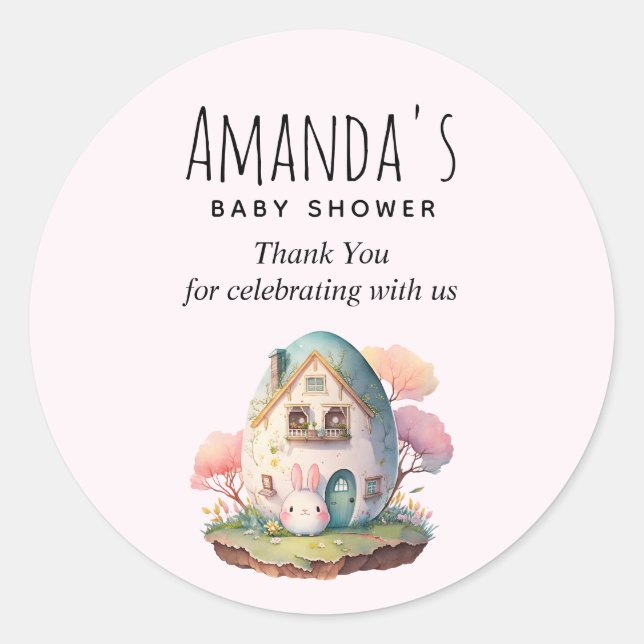 Pegatina Redonda Casa en forma de conejo rosa y huevo Kawaii Vibe D (Anverso)