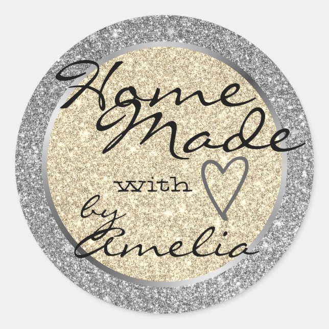 Pegatina Redonda Casa Purpurina de oro plateado hecha con amor rosa (Anverso)