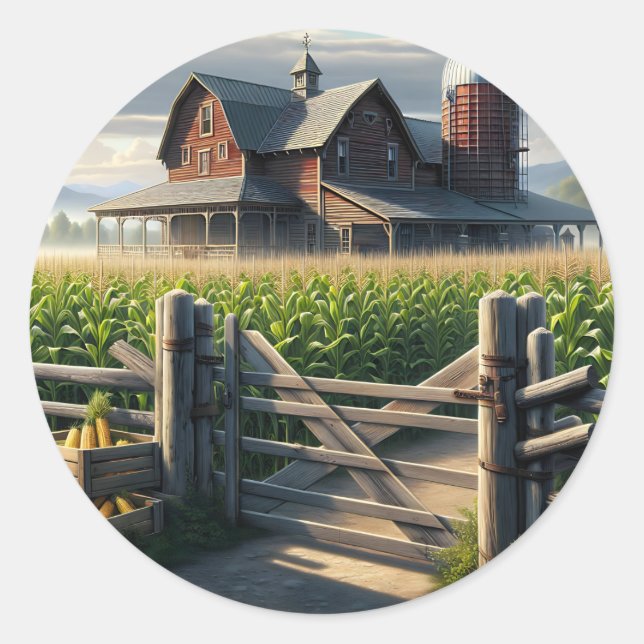 Pegatina Redonda Casa rural rústica con arte de Cornfield Ai (Anverso)