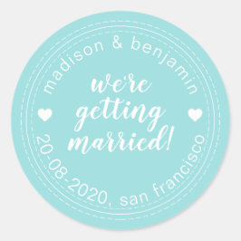 Pegatina Redonda Casarse salva la fecha azul turquesa